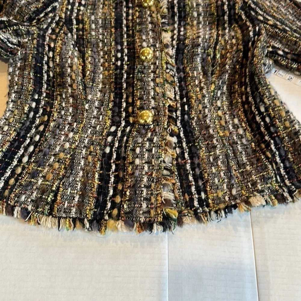 CAbi quarter length frayed 30%wool jacket multicolored in small w gold buttons - Picture 6 of 12